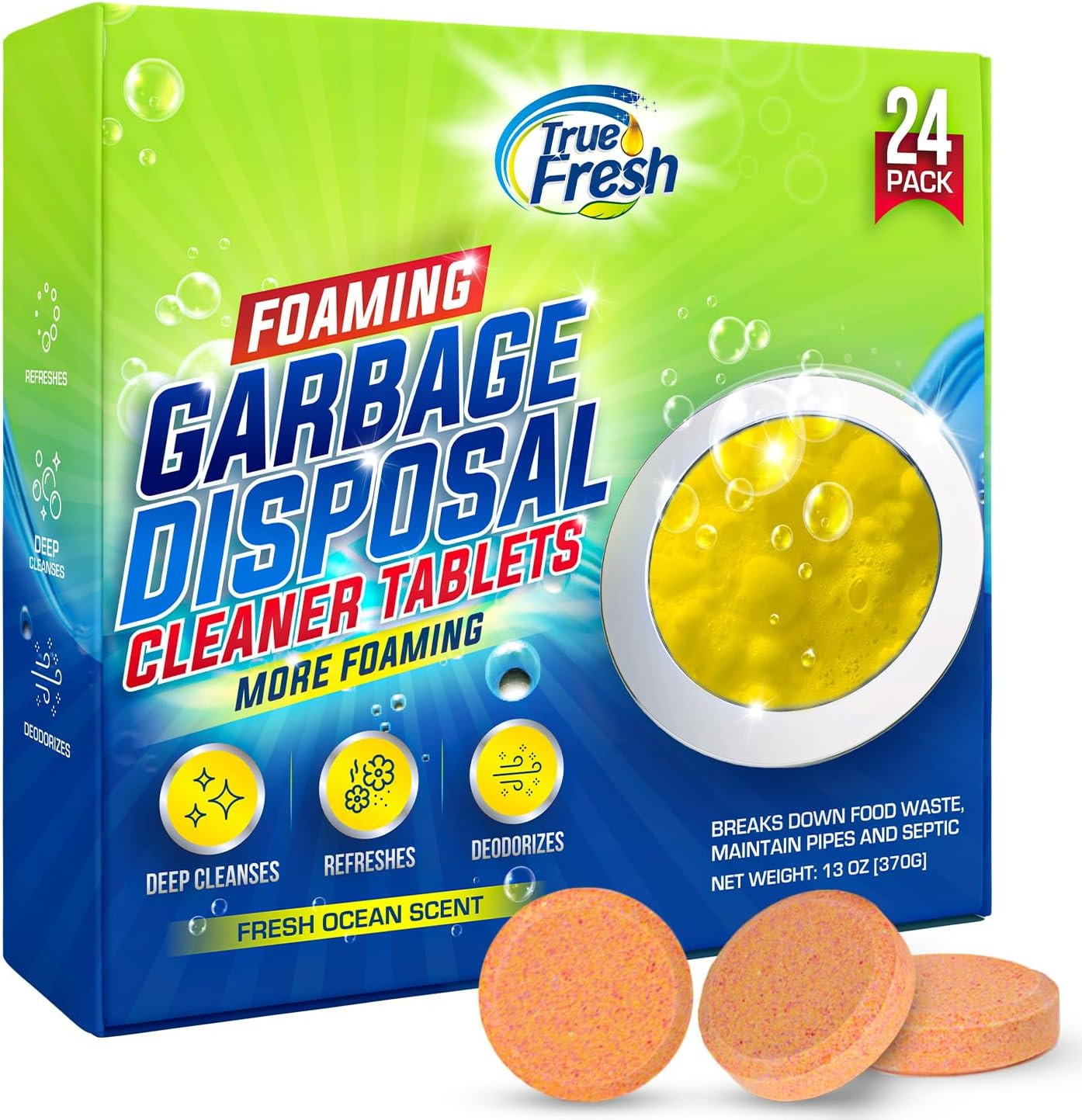 True Fresh Garbage Disposal Cleaner Tablets, Large 15G Drop-In Fresh Ocean Table