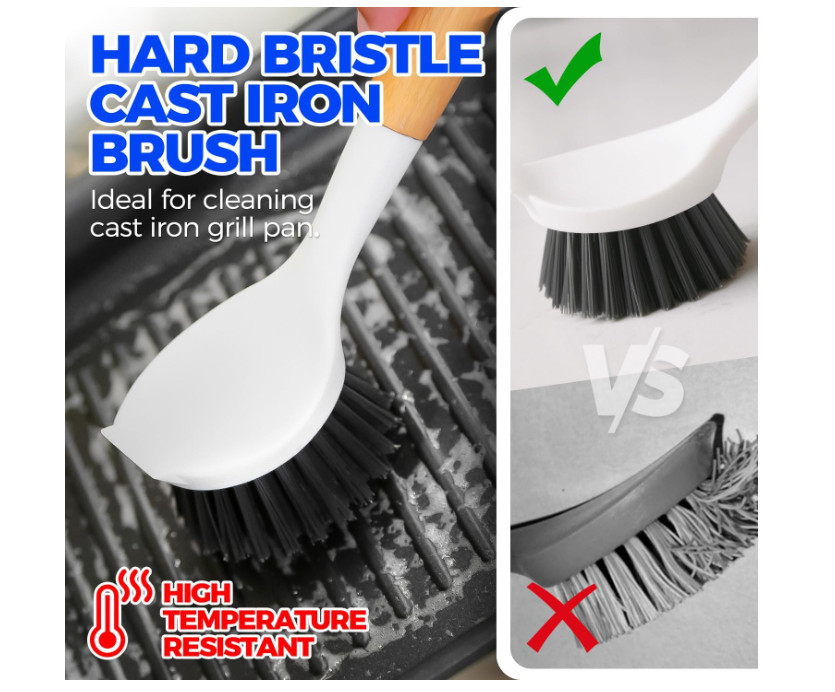 Holikme 3 Pack Dish Brush Set Bamboo Handle for Pot Sink Stove Cleaning