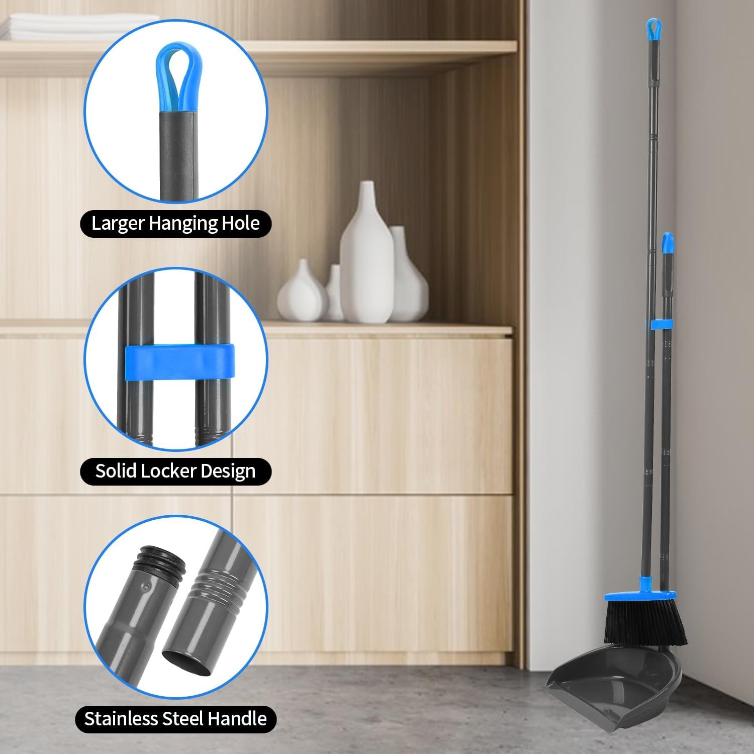 Broom and Dustpan Set ，Long Handle Broom with Upright Standing Dust