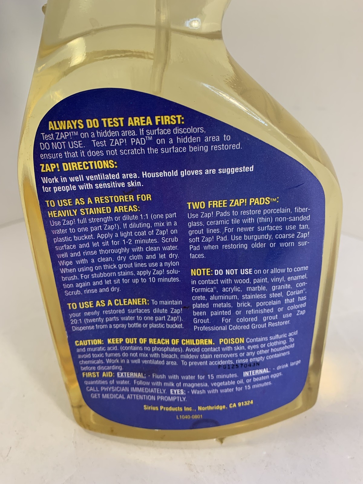ZAP! Professional Porcelain Fiberglass Tile Grout Restorer Cleaner 32 fl oz