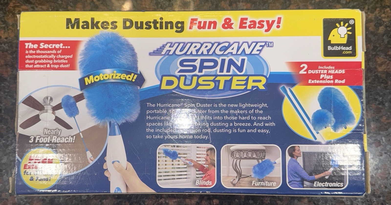 Hurricane Spin Duster Motorized Dust Wand w/3ft Extension For Ceiling Fans NIB