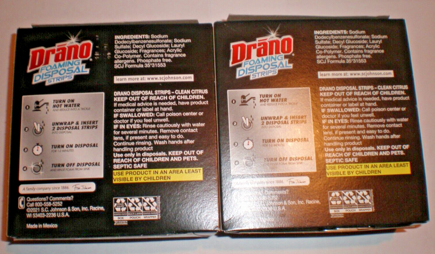 DRANO FOAMING DISPOSAL STRIPS CLEAN CITRUS FRAGRANCE 2 BOXES 8 STRIPS IN EACH