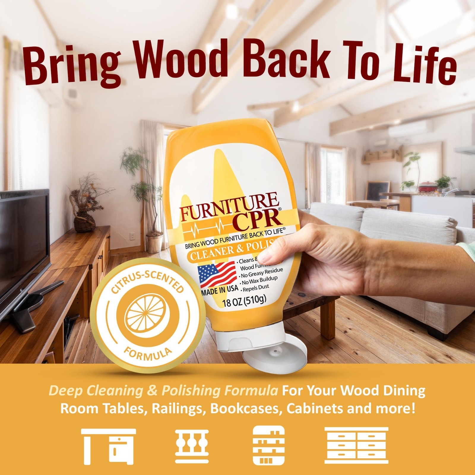 Wood Furniture Cleaner & Polish 18oz – Cabinet, Paneling, Doors, Natural Finish,