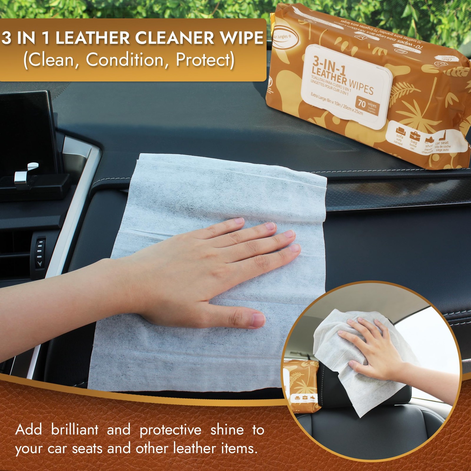3in1 Leather Cleaner Wipes 70 Count, Extra Large 8″ x 10″ Size, Clean Conditi…