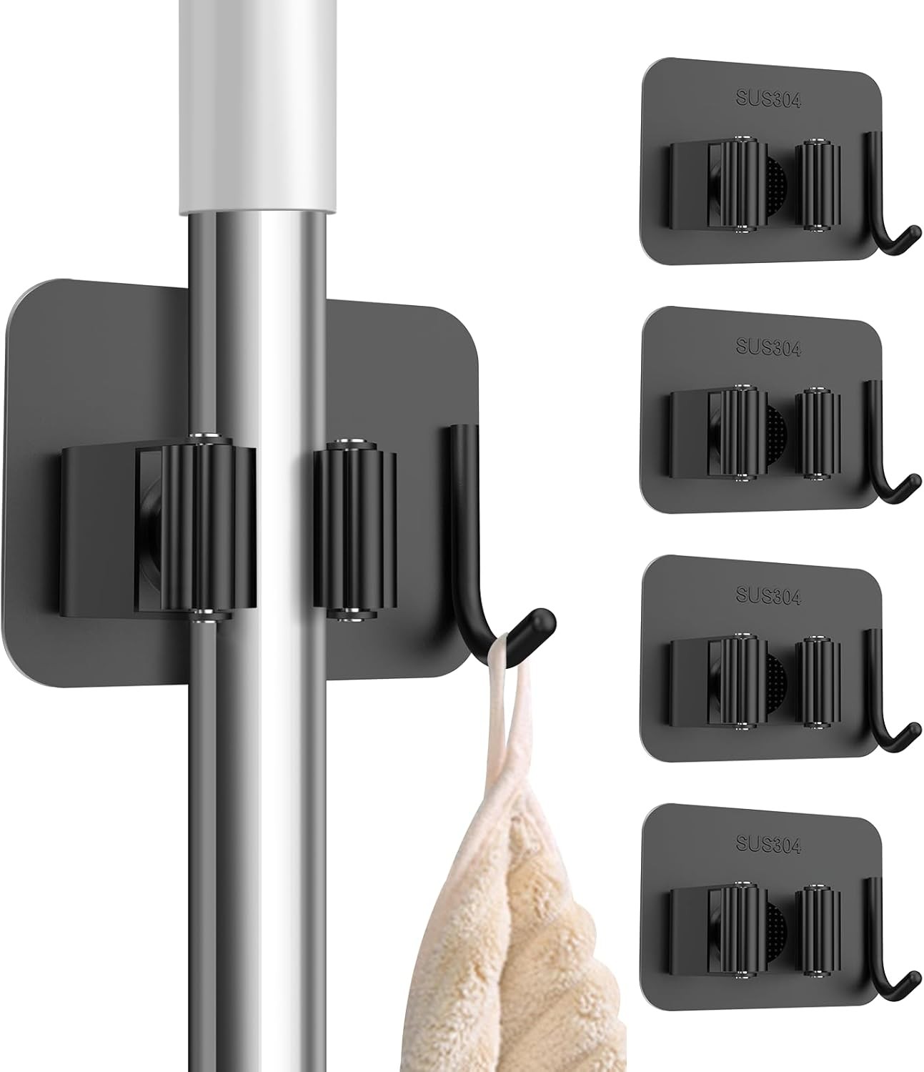 4 Pack No Drill Broom Mop Holder Wall Mount Stainless Steel Organizer Hooks Blac