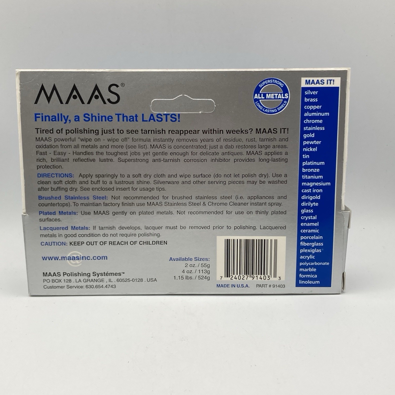 MAAS 2 oz. Concentrated Polishing Creme / 2 Ounce Tube / All Metals /Made in USA