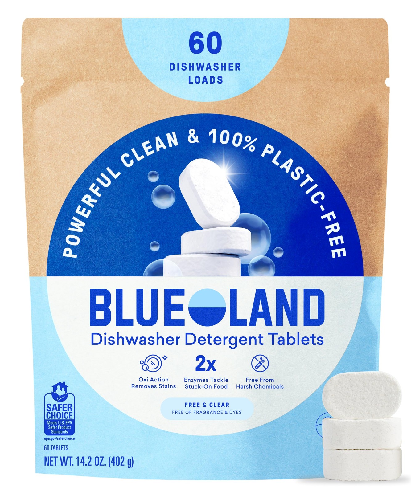 100% Plastic-Free Dishwasher Detergent Tablets, 60 Count, Free & Clear, Eco-F…