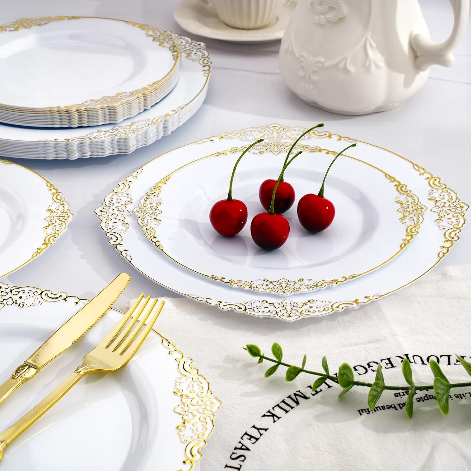 Realluck 350 PCS White and Gold Plastic Plates, Plastic Dinnerware Set for 50