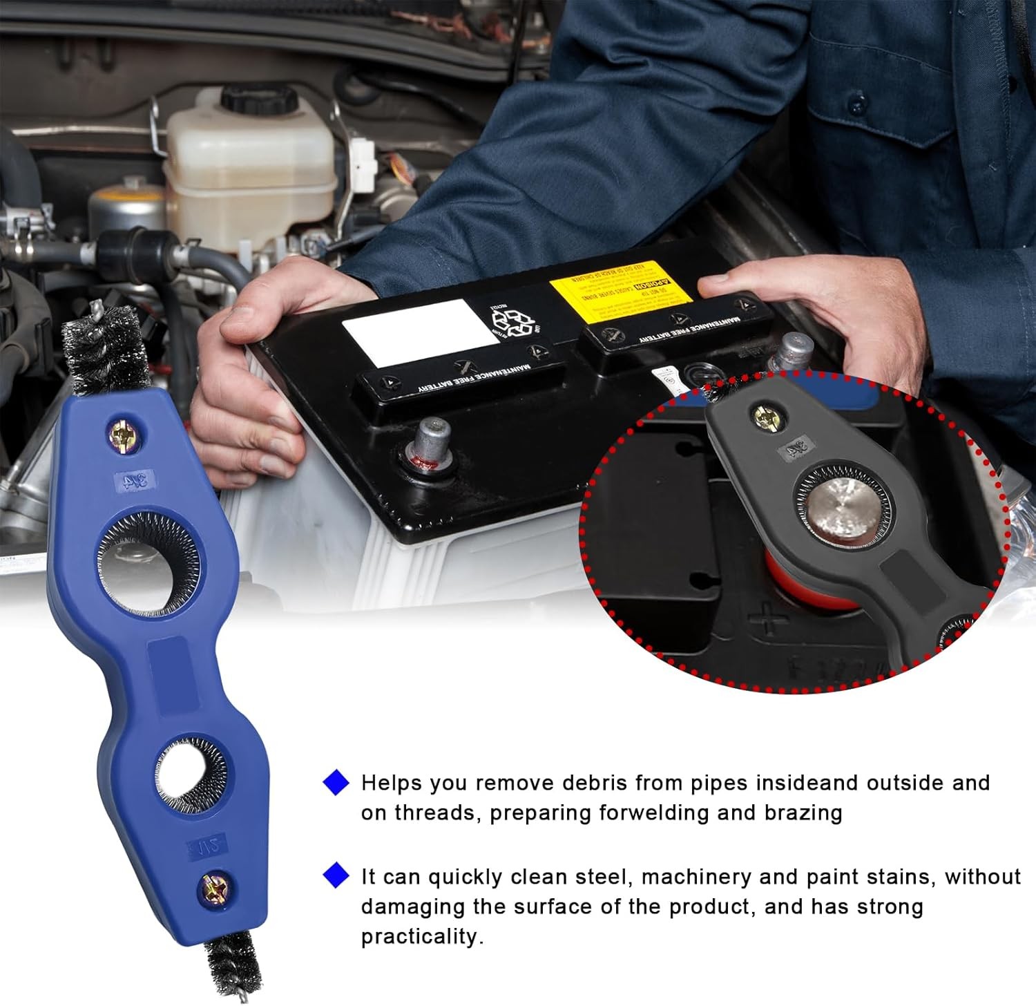 Battery Terminal Cleaning Brush, 4 in 1 Anti-Corrosion Car B Color: Black+Blue