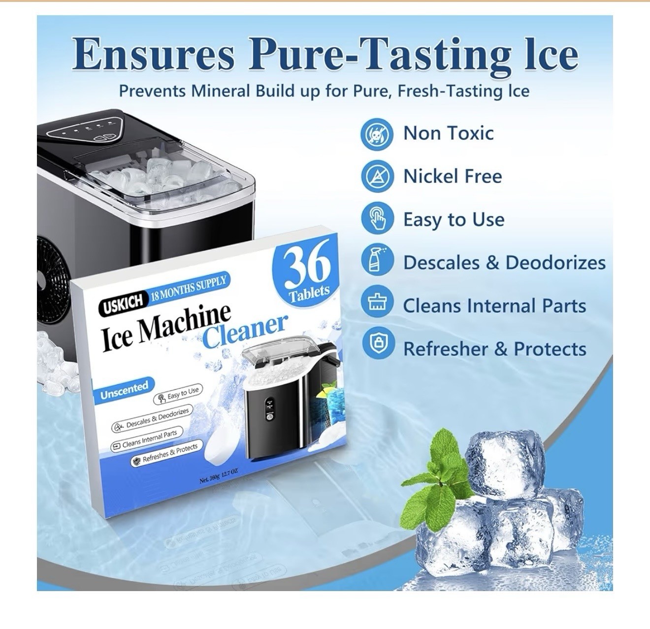 USKICH Ice Machine Cleaner Tablets 36 Pack Unscented 360g Descaler Non Toxic