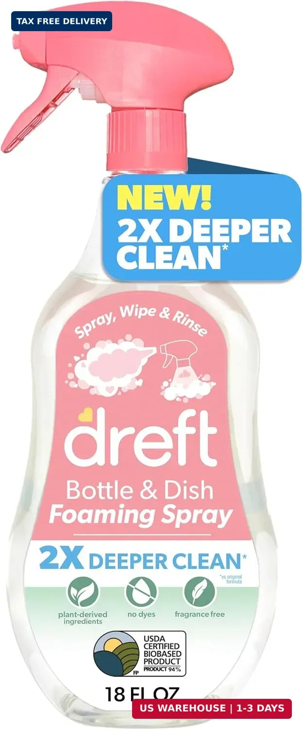 Dreft Foaming Baby Bottle and Dish Cleaning Spray, Plant-Derived Formula, 18 Fl