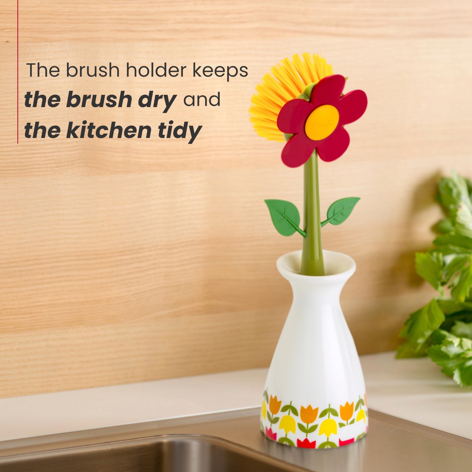 Vigar Flower Power Dish Brush with Vase Brush Holder, Dish Brush with Handle …