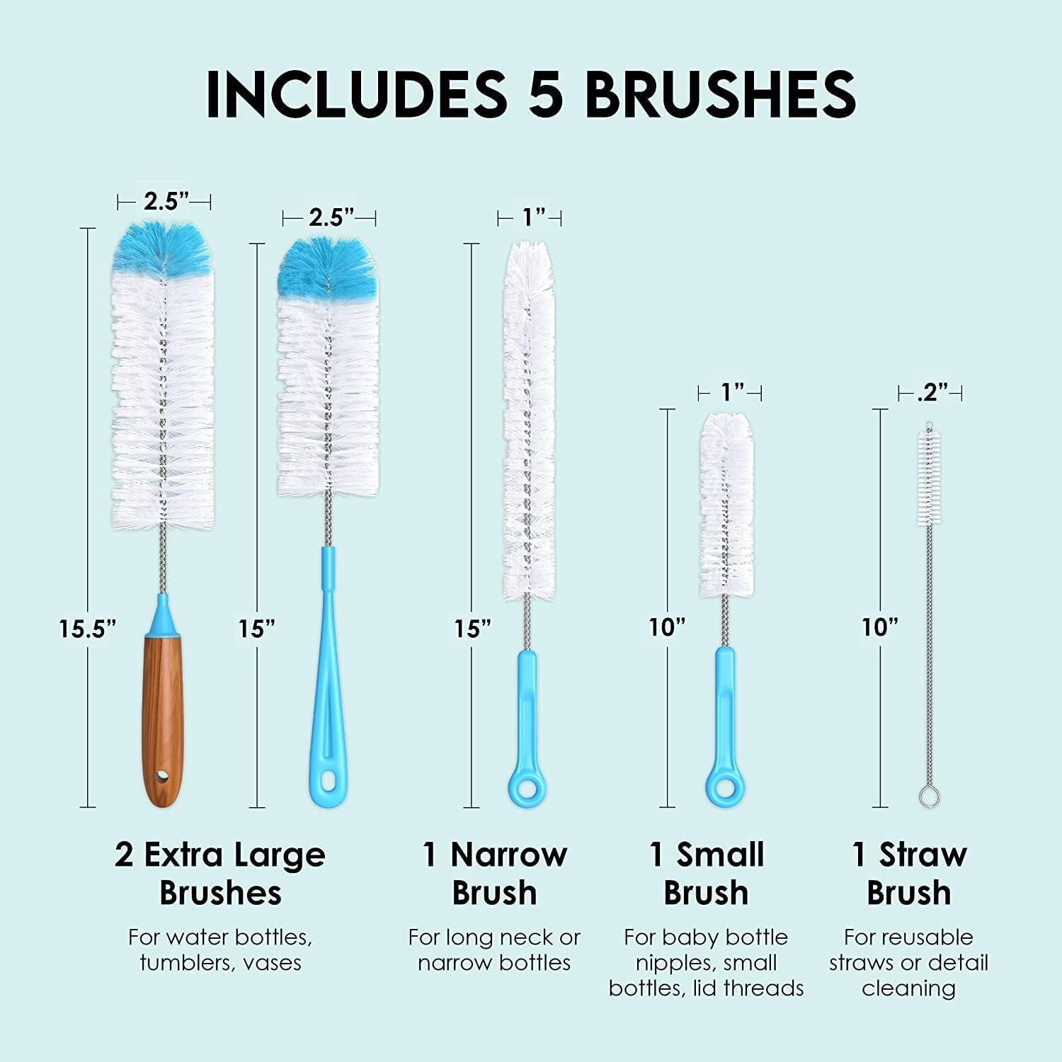 5pc Bottle Brush Cleaner Long Water Bottle Straw Cleaning Brush Wire Scrub Set