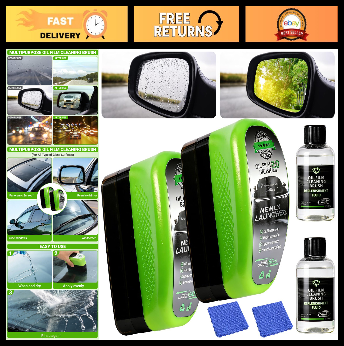 Oil-Free Car Glass Cleaner 2PCS – Upgrade Automotive Windshield Brush Tool, Clea