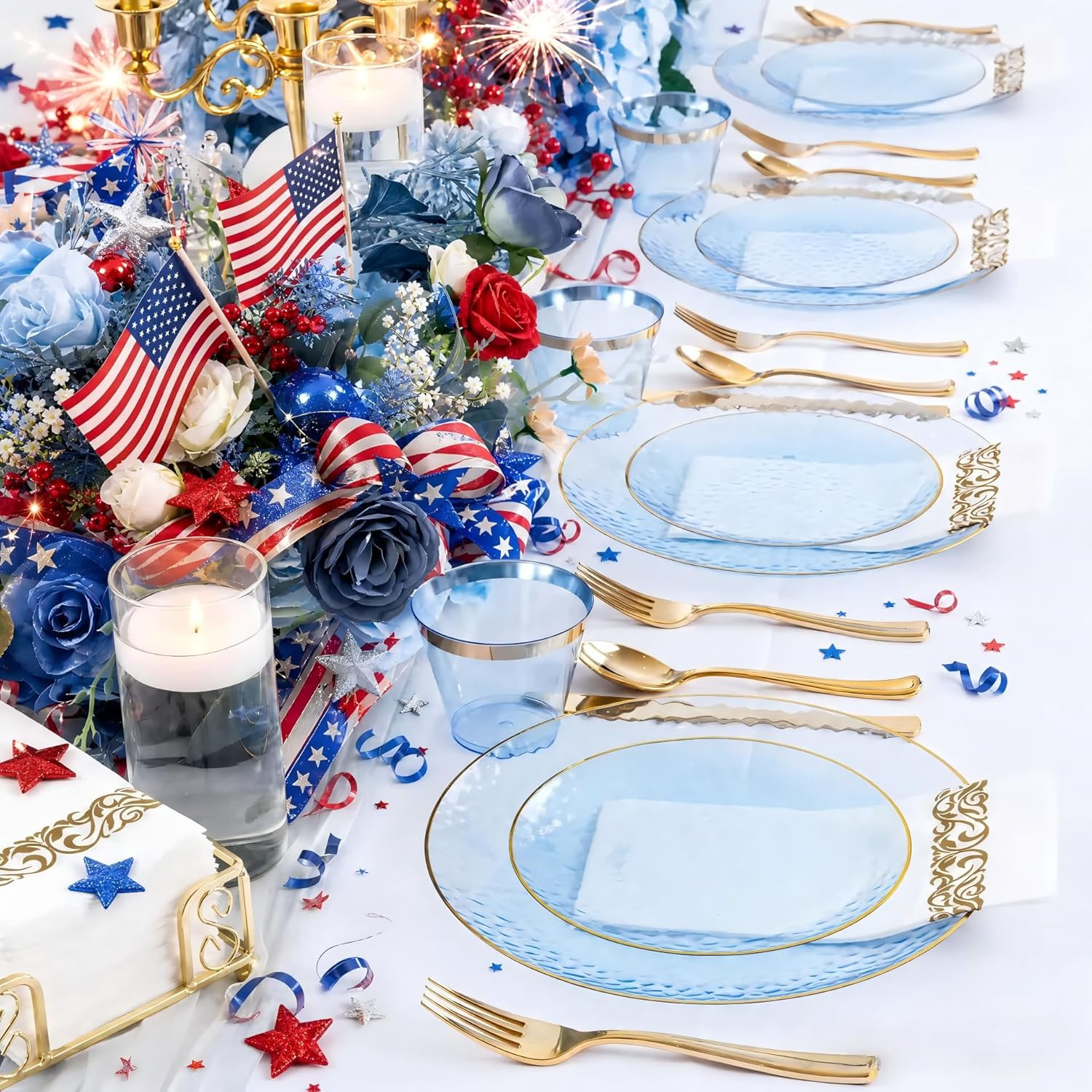 Dayammi 175PCS Clear Blue Gold Plastic Dinnerware Set for 25 Guests, Hammered Di