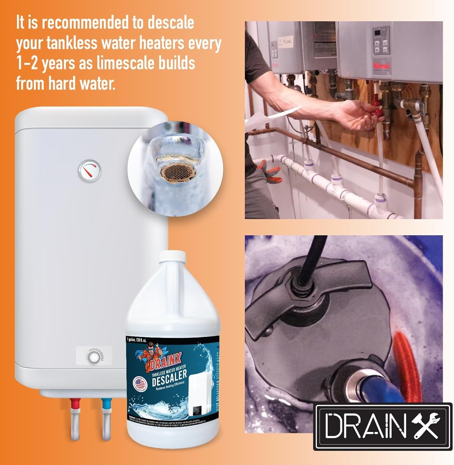 Tankless Water Heater Flush Kit with Gallon Liquid Descaling and and 1/6HP Pump