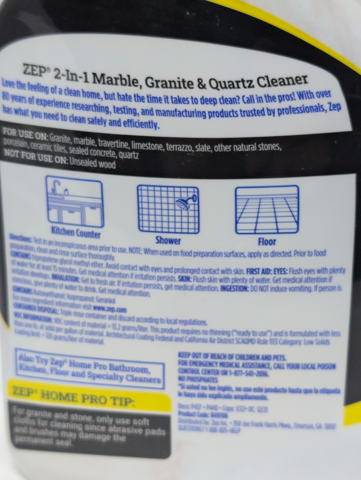 ZEP Home Pro 2 in 1 Marble Granite Cleaner & Protectant Eucalyptus Lemon 24 Oz
