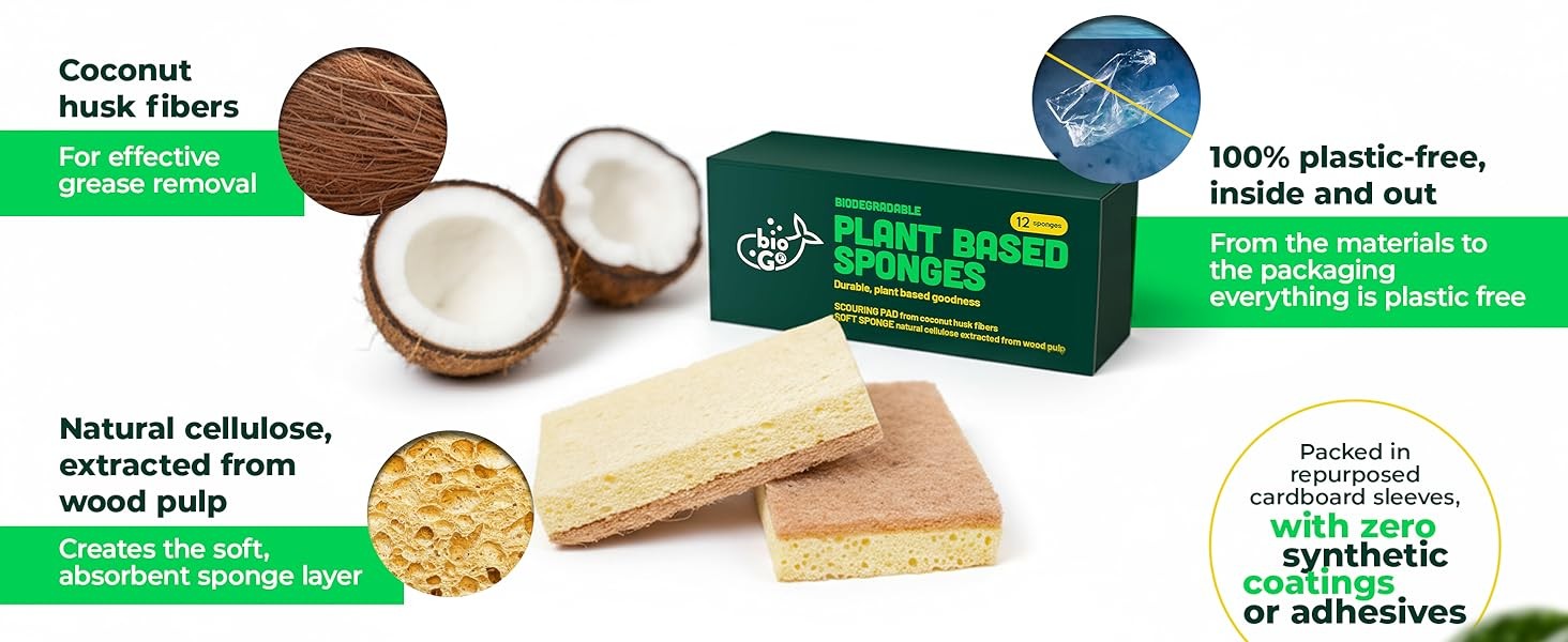 12 Pack Natural Biodegradable Kitchen Sponges – Eco-Friendly, Compostable,