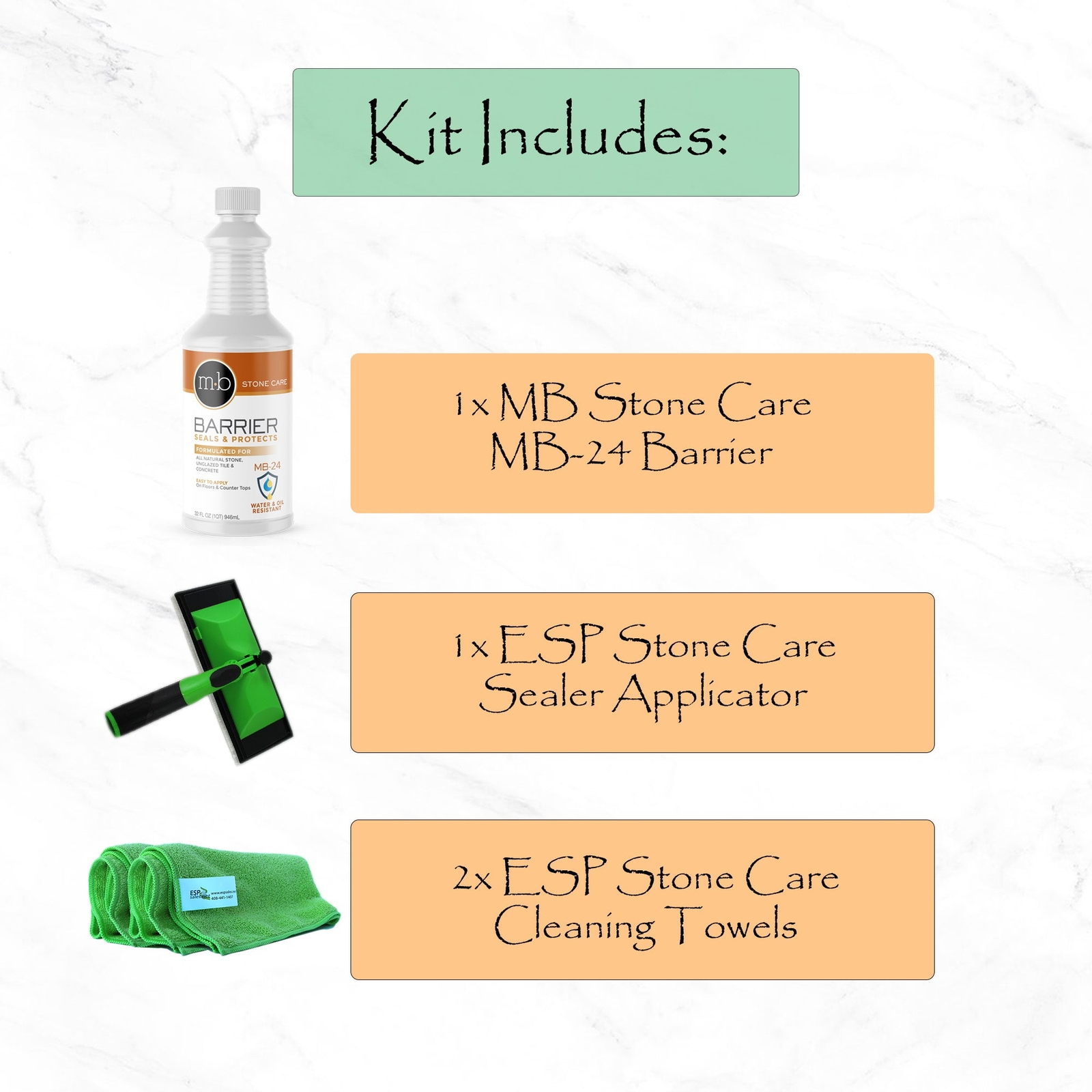 MB Stone Care Barrier Sealer Kit – MB-24 Barrier, Applicator Pad, and 2 Towels