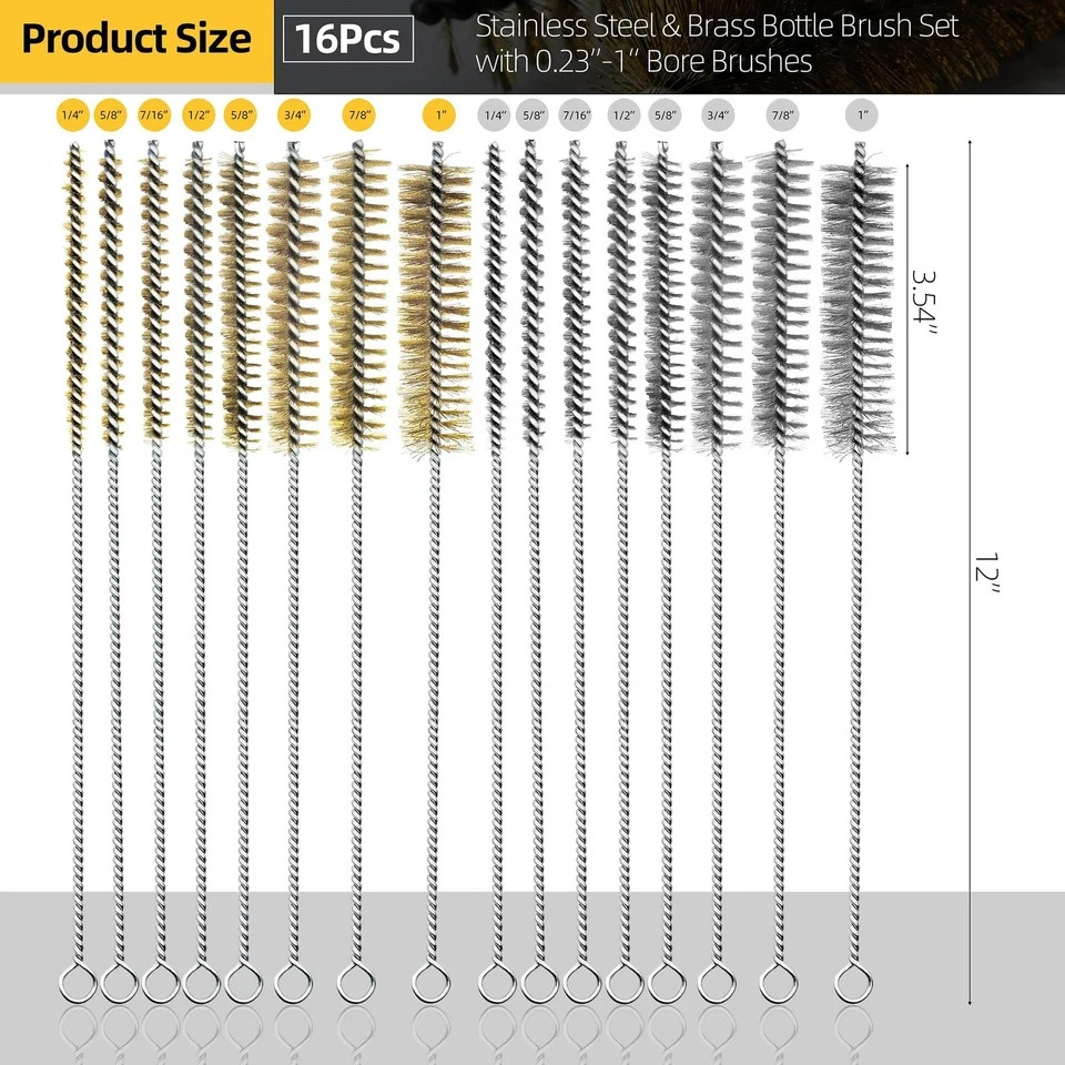 16Pcs Stainless Steel & Brass Wire Tube Brushes Bottle Brush Set,12″ Long Wir…