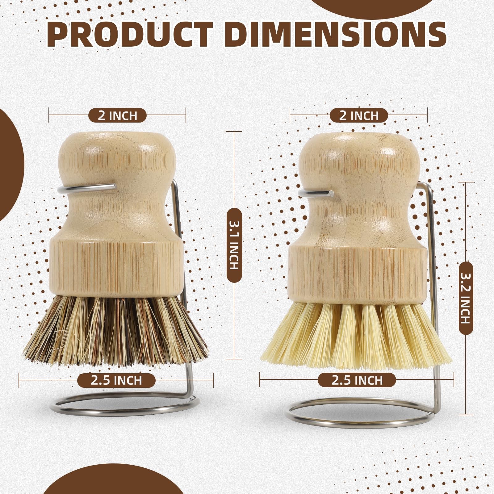 6Piece Bamboo Dish Brush Set with 2X FastDry Stainless Steel Holder,3xNatural…