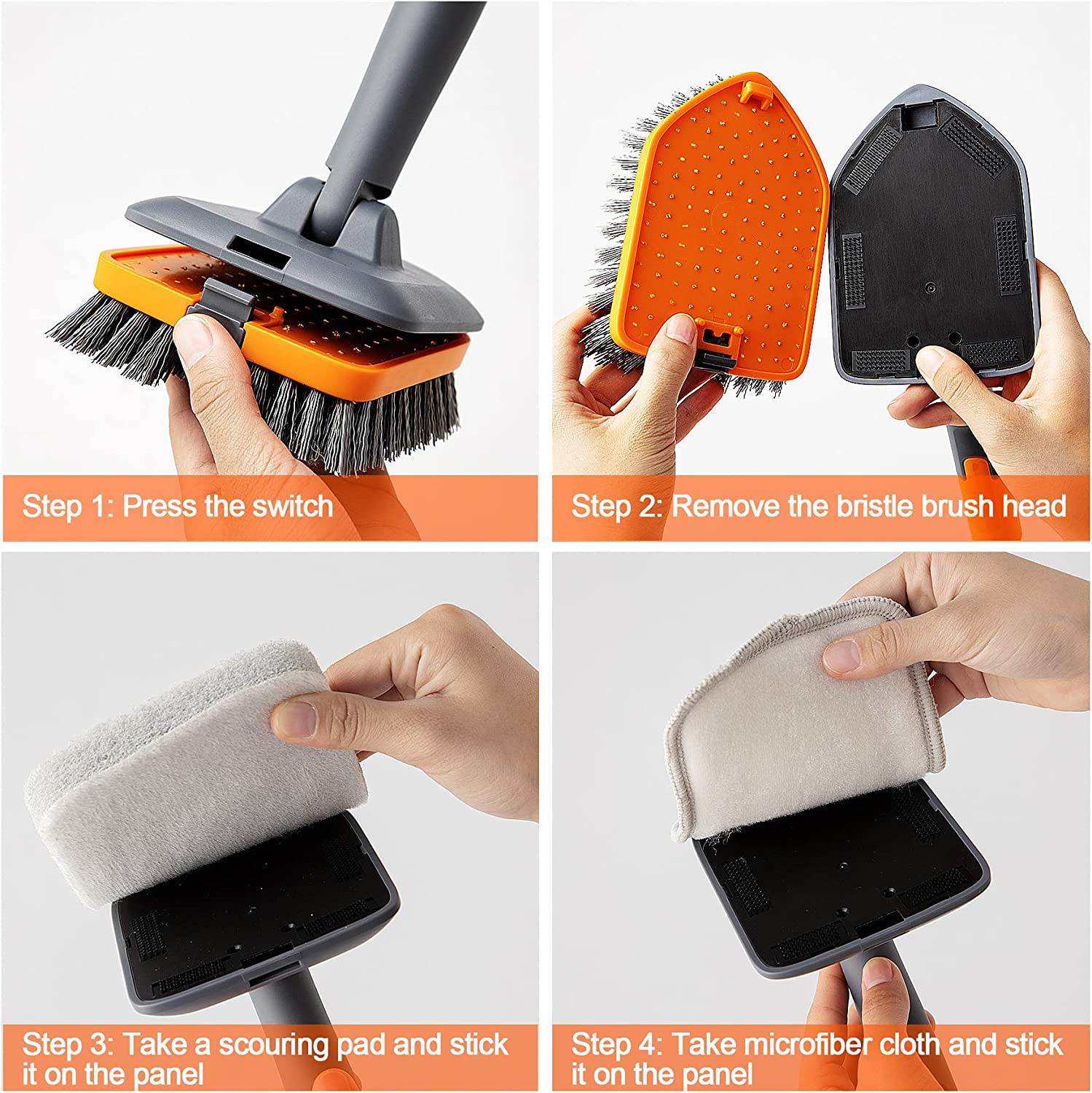 Tile Tub Scrubber Brush w/3 Different Function Cleaning Heads & 56″ Extendable H