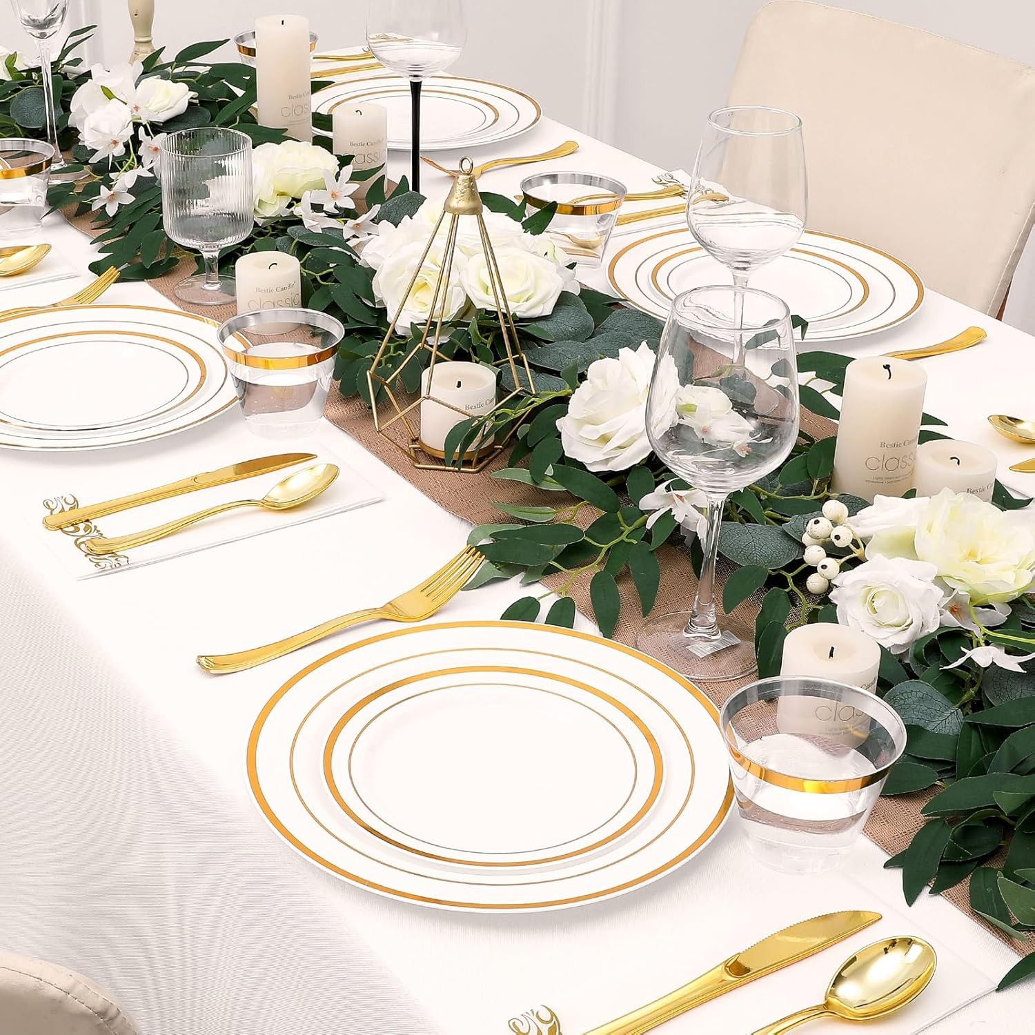350-Piece Gold Rim Plastic Dinnerware Set for 50 Guests, Elegant Disposable Di