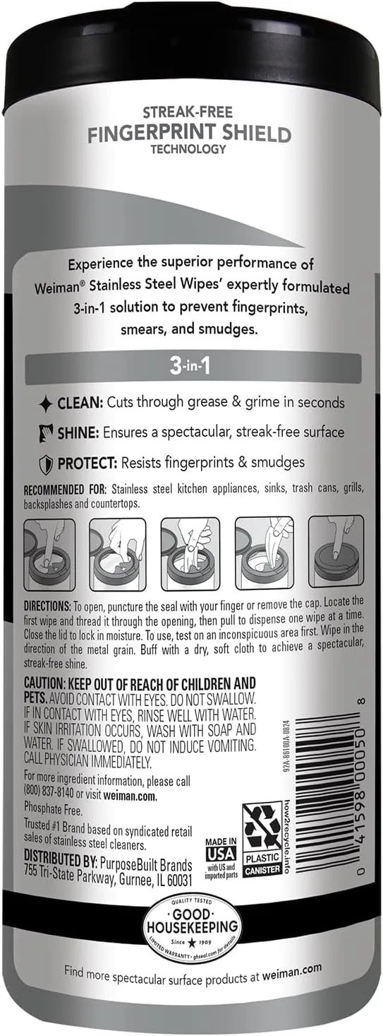 Weiman Stainless Steel Cleaning Wipes 30 Count Anti Fingerprint Appliance Polish