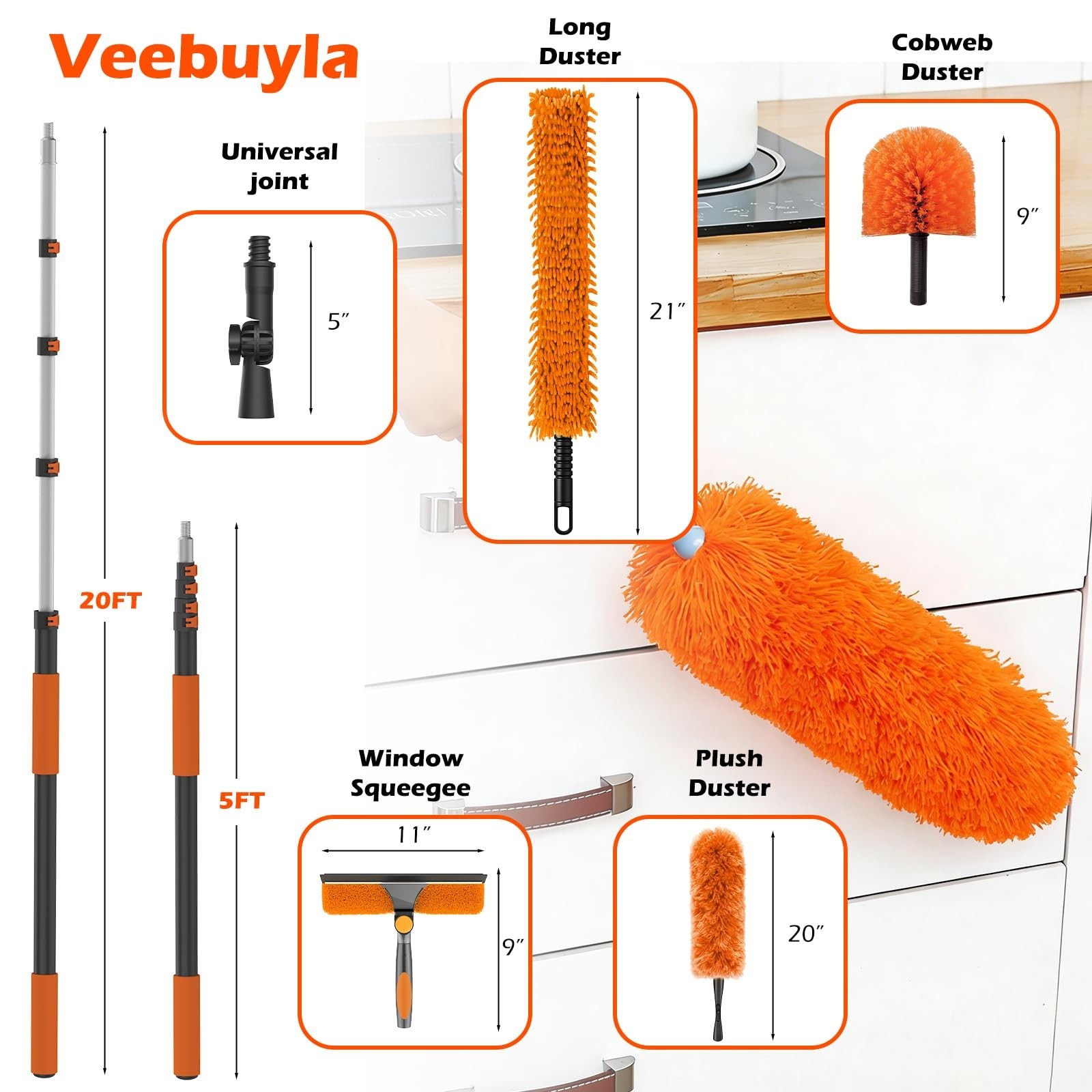 16FT High Ceiling Duster Kit – Adjustable Pole, Extra Long Duster, Cobweb & Sque