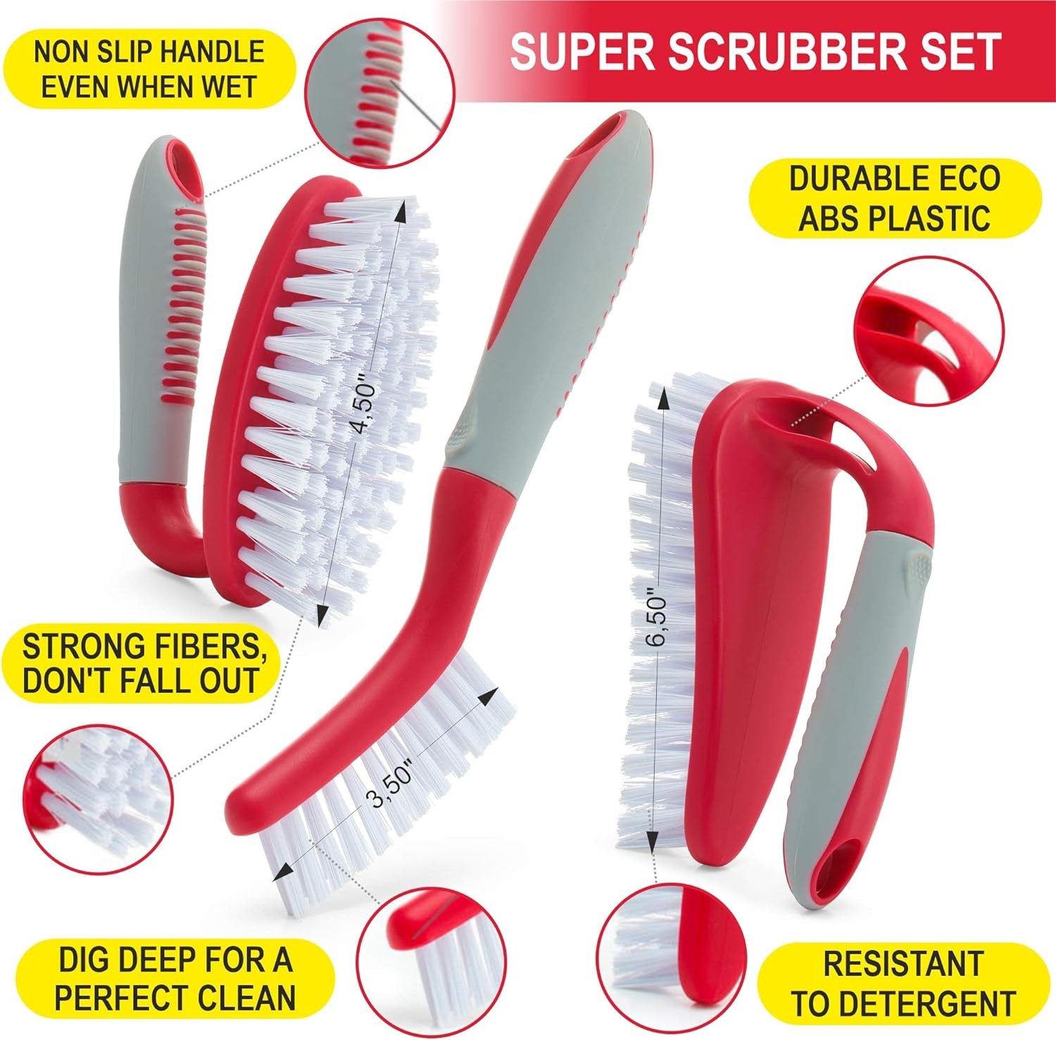 Scrub Brush Set of 3pcs – Cleaning Shower Scrubber with Ergonomic Handle&Durable
