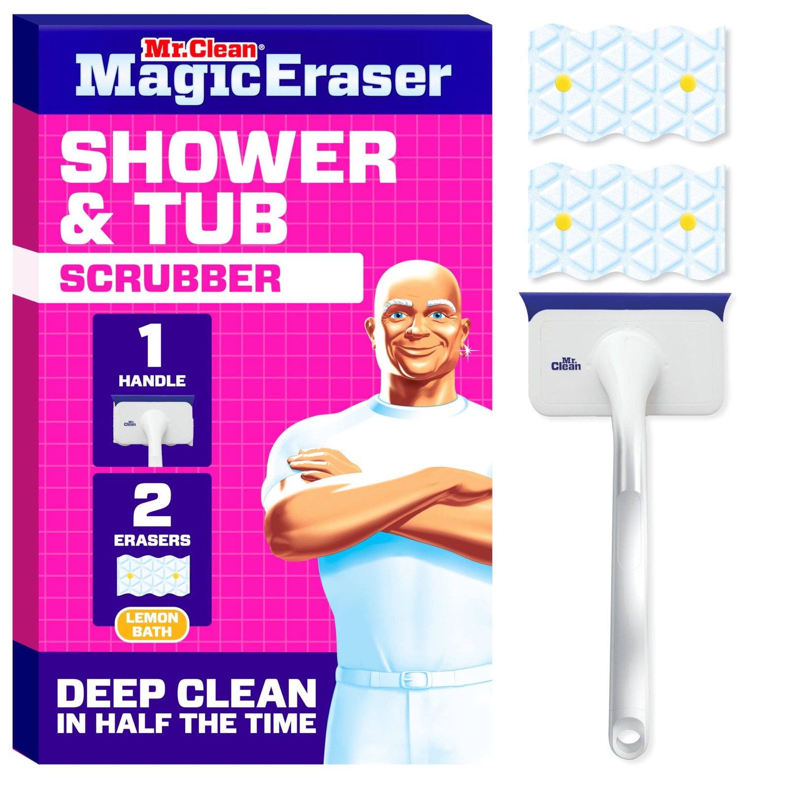 Mr. Clean Magic Eraser Shower & Tub Scrubber, 1 Device + 2 Refills, White