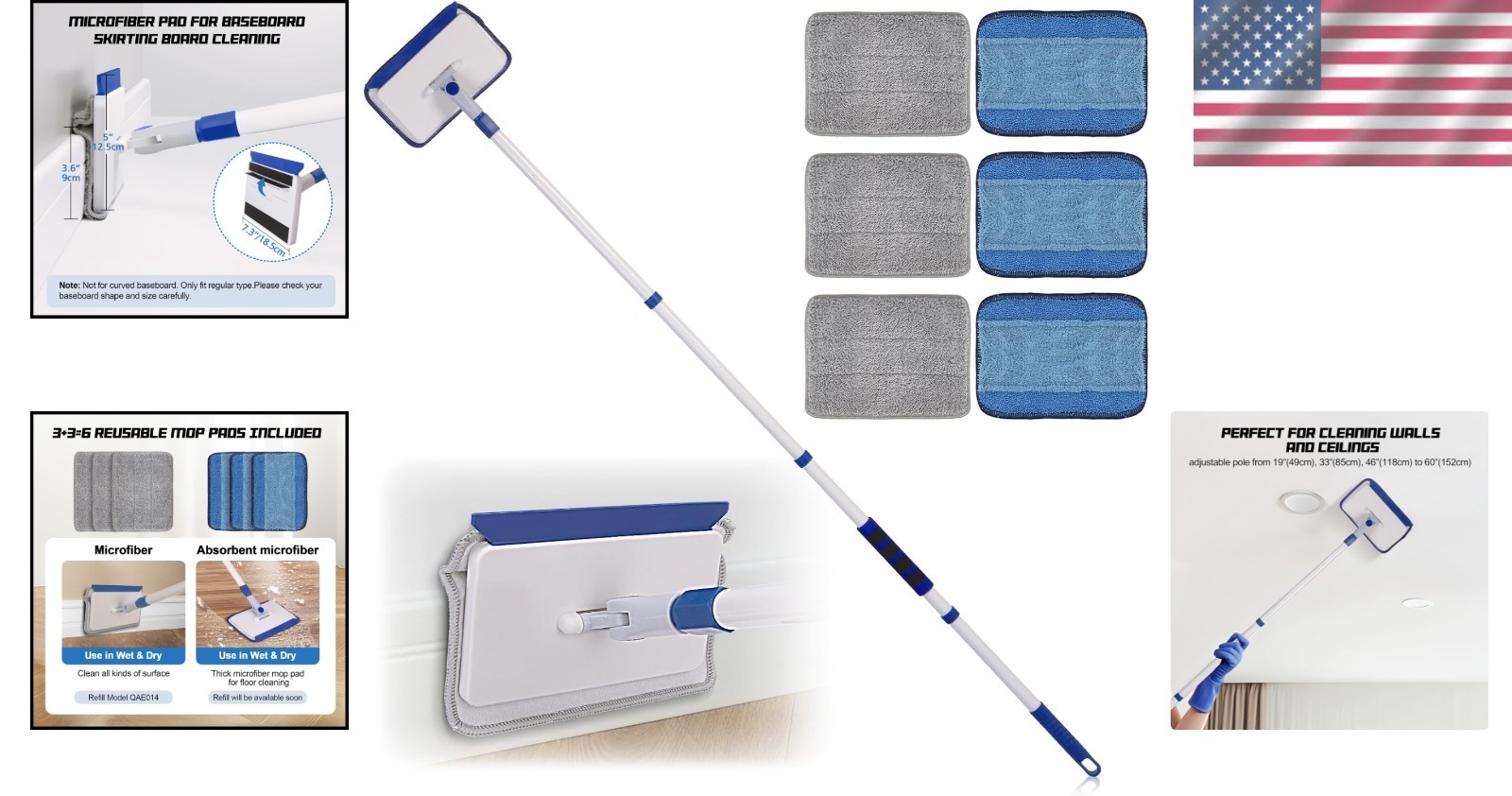 Effortless Baseboard Cleaner Tool with 60″ and 6 Reusable Microfiber Pads