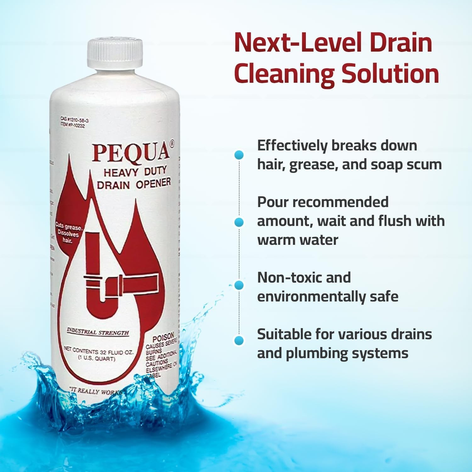Pequa Heavy Duty Drain Opener, Industrial Strength, Hair, Grease 32 Oz
