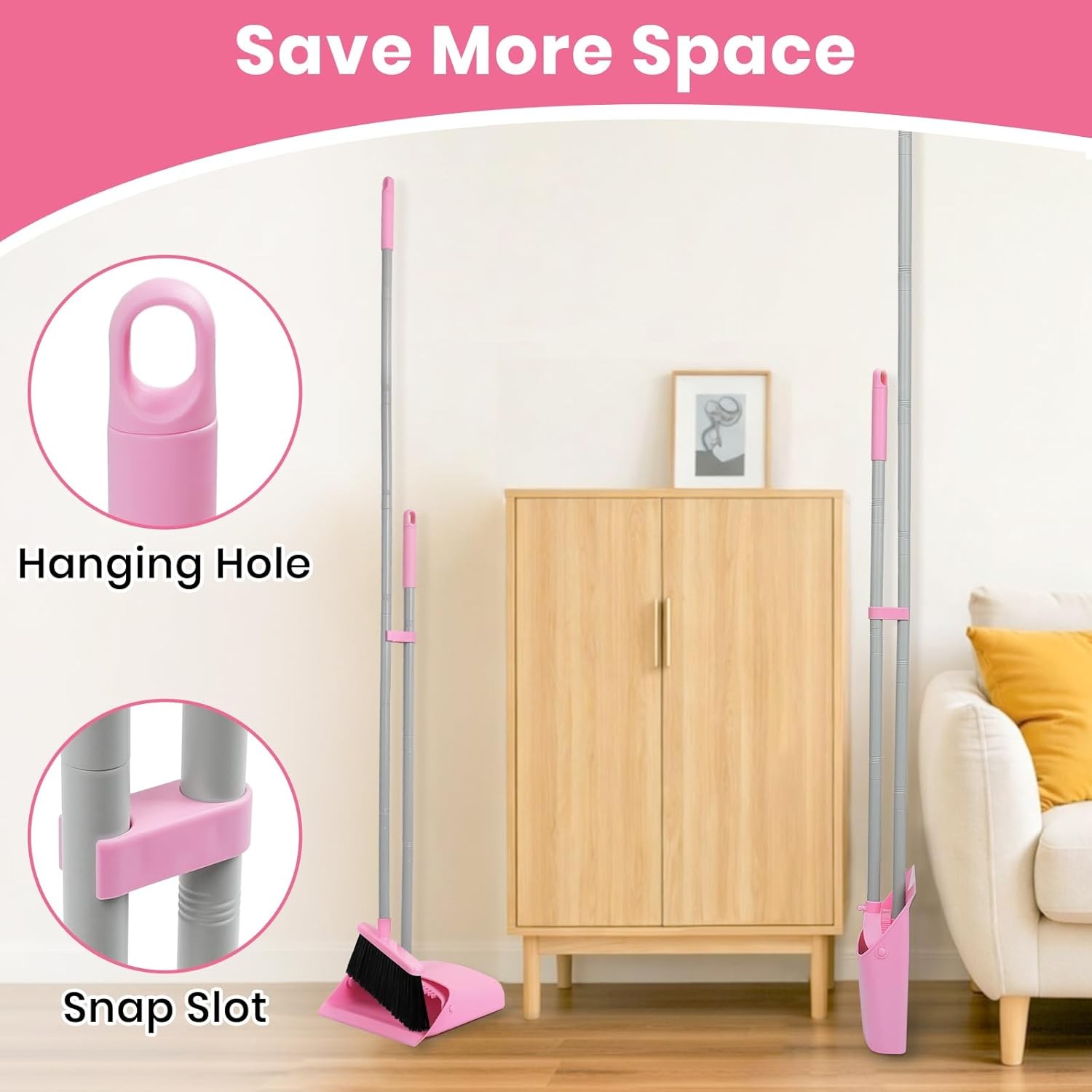 Pink Broom and Dustpan Set, 58” Long Adjustable Handle Small Broom