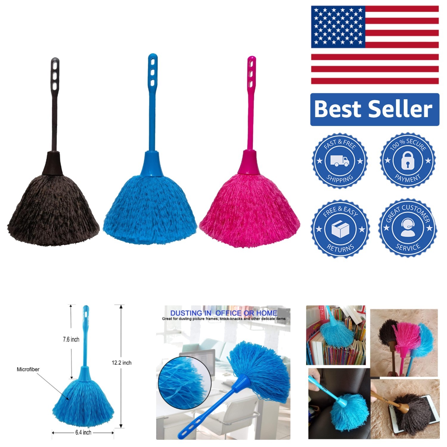 Gentle 3 Pack Microfiber Dusting Duster – Ergonomic Hand Grip for Easy Use