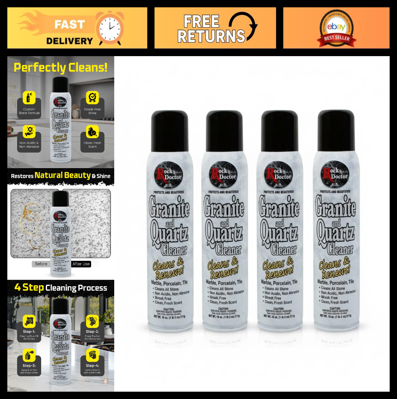 Granite & Quartz Cleaner Spray 18 oz – Streak-Free Shine for Tile, Marble, Count