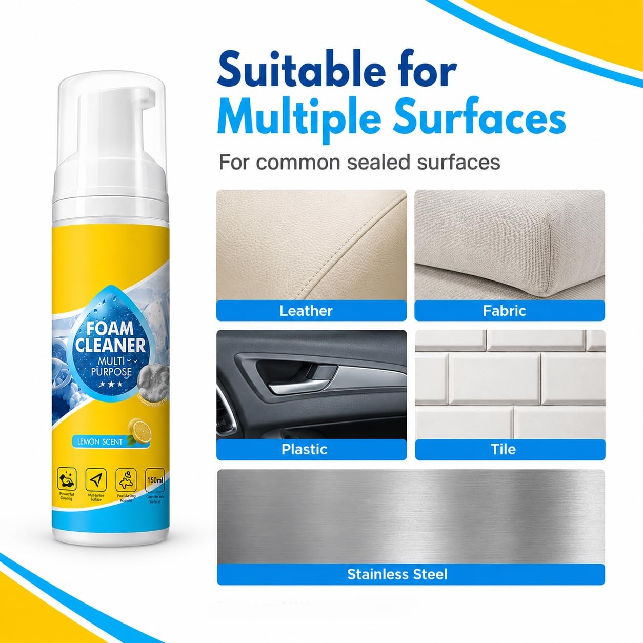 4-in-1 Multi Foam Cleaner 10oz, Multifunctional 10 Fl Oz (Pack of 1), Yellow