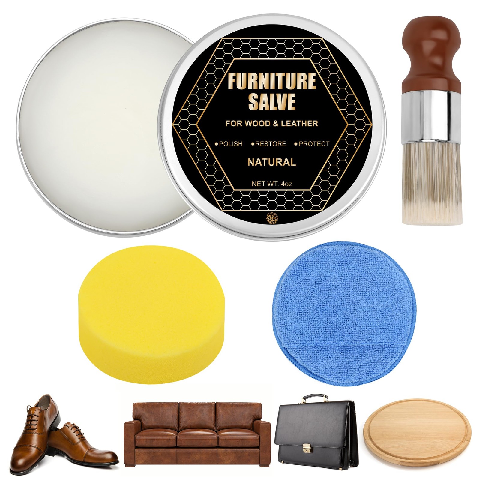 1+3 Furniture Salve for Leather & Wood with Brush Set, Cream & Wax Restorer f…