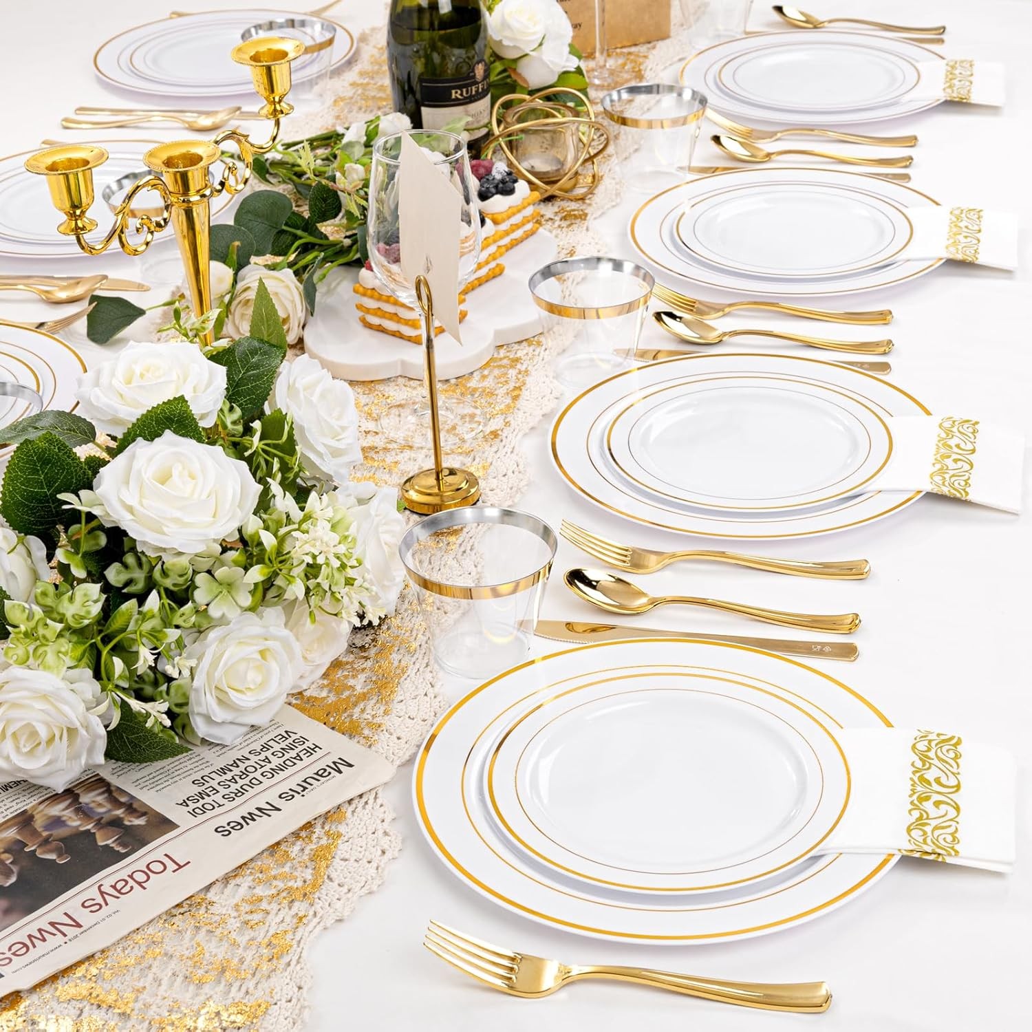 I00000 350Pcs Gold Dinnerware Set for 50 Guests, Gold Plastic Plates for Party