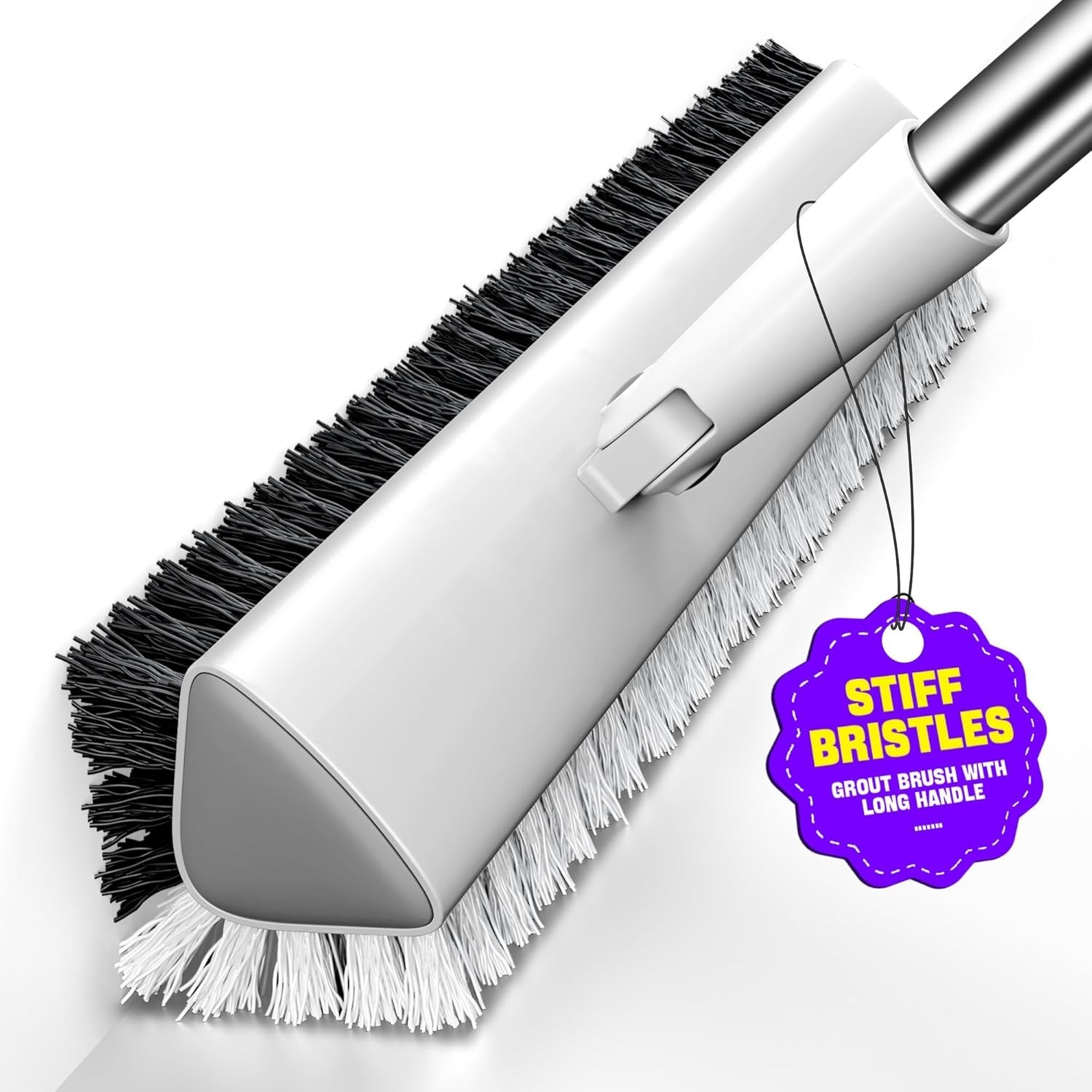 Grout Brush with Long Heavy Duty Handle, 180° Swivel Floor Scrub Brush, V-Sha…
