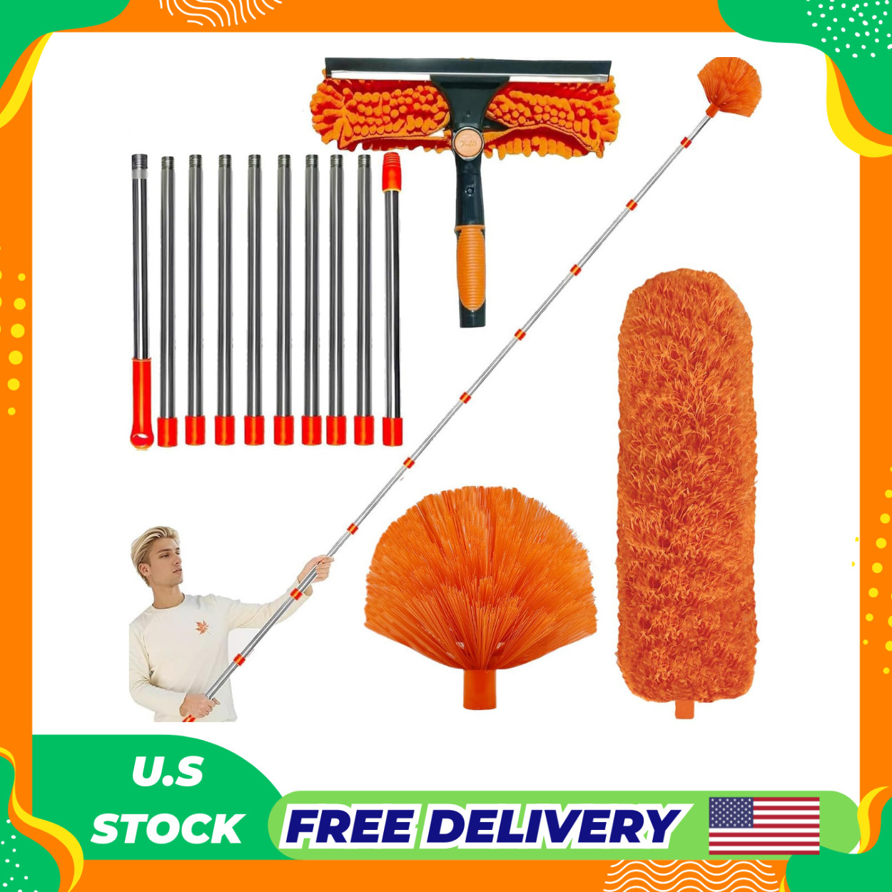 20+ Feet High Reach Dusting Kit with 3-14 ft Extension Pole 2 in 1 Window Clea
