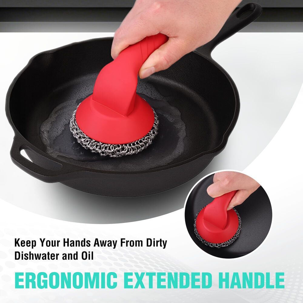 HAUSHOF Cast Iron Scrubber with Long Handle Kitchen Cleaning Kit for Grill Dutch