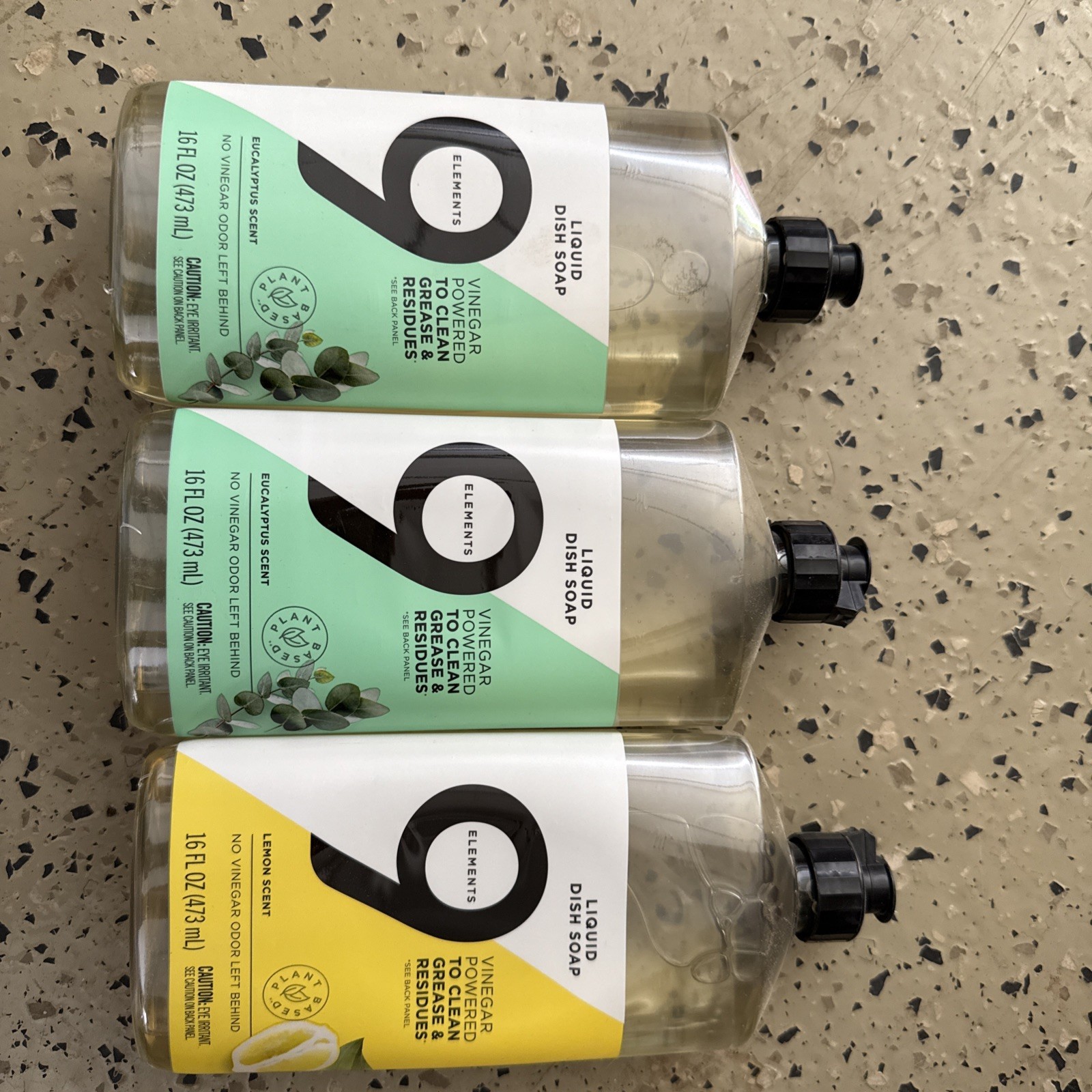 9 Elements Liquid Dish Soap, 1) Lemon Scent & 2) Eucalyptus Scent 16oz Each New