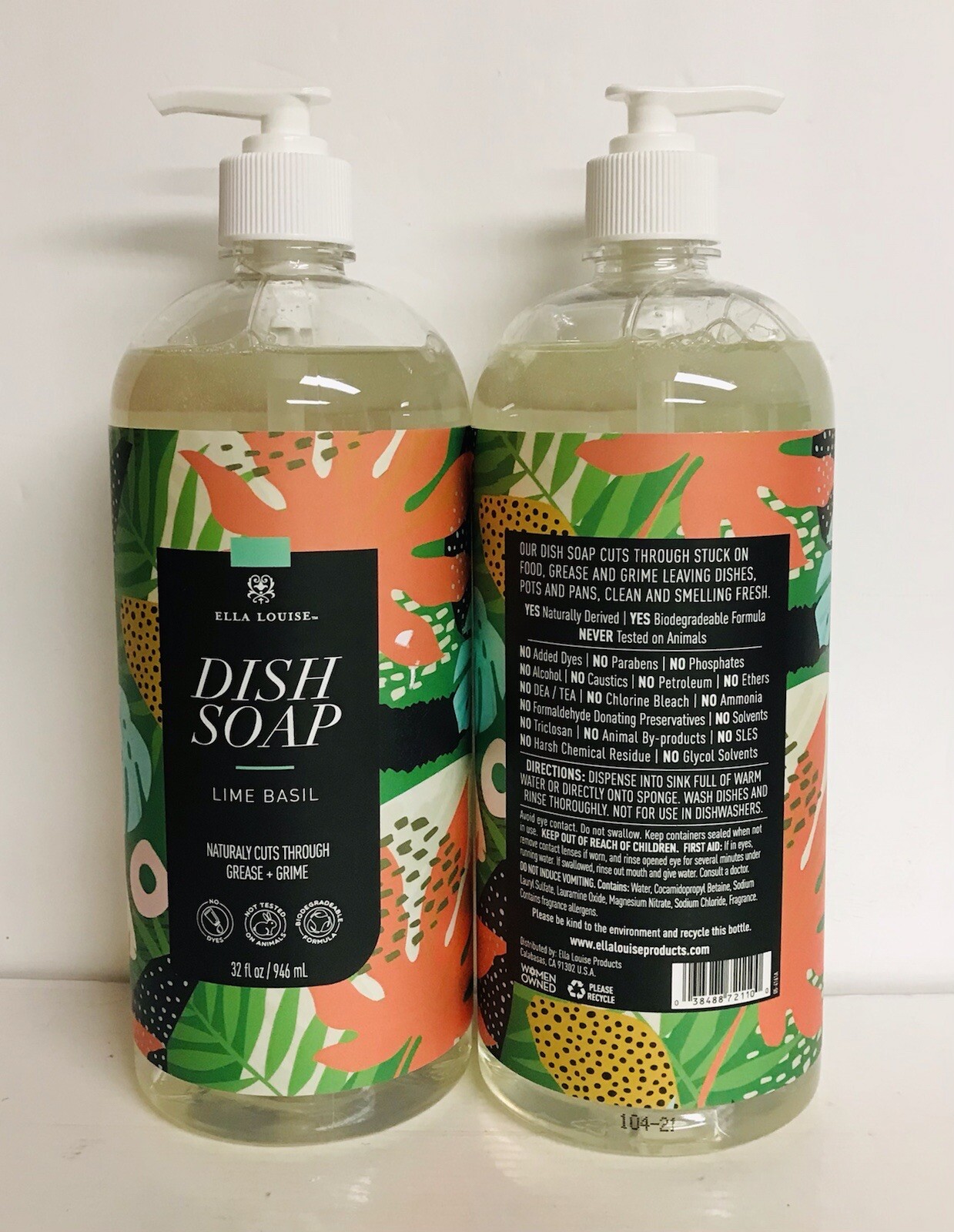 2 Bottles Lime Basil Dish Soap ~ Naturaly Cuts Through Grease & Grime 32 oz Each