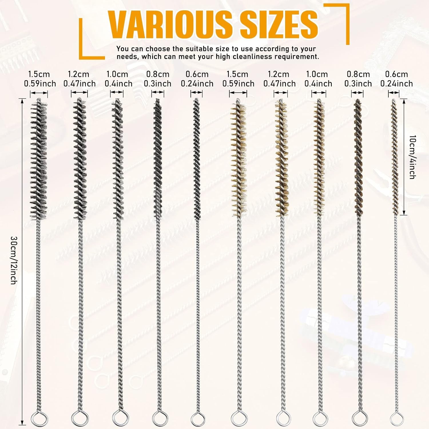 10 Pieces Wire Tube Brushes for Cleaning Pipe Brass Brush Stainless Steel Round