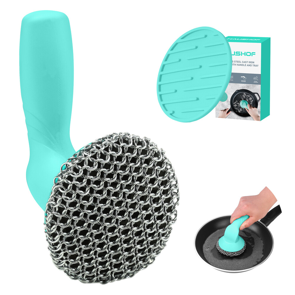 HAUSHOF Cast Iron Scrubber with Long Handle Kitchen Cleaning Kit for Grill Oven