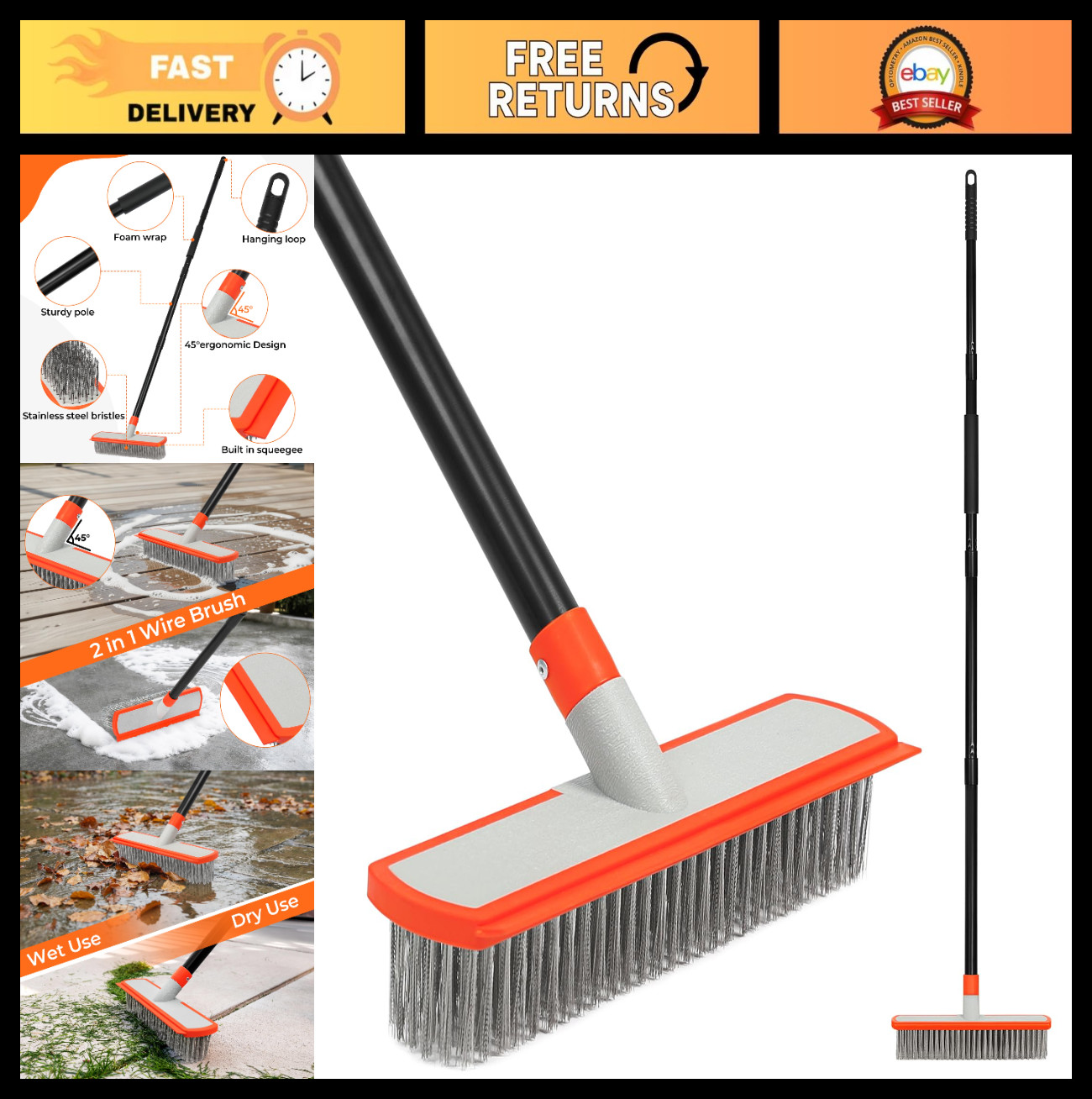 Heavy Duty Stainless Steel Concrete Brush with Long Handle – Outdoor Broom for C