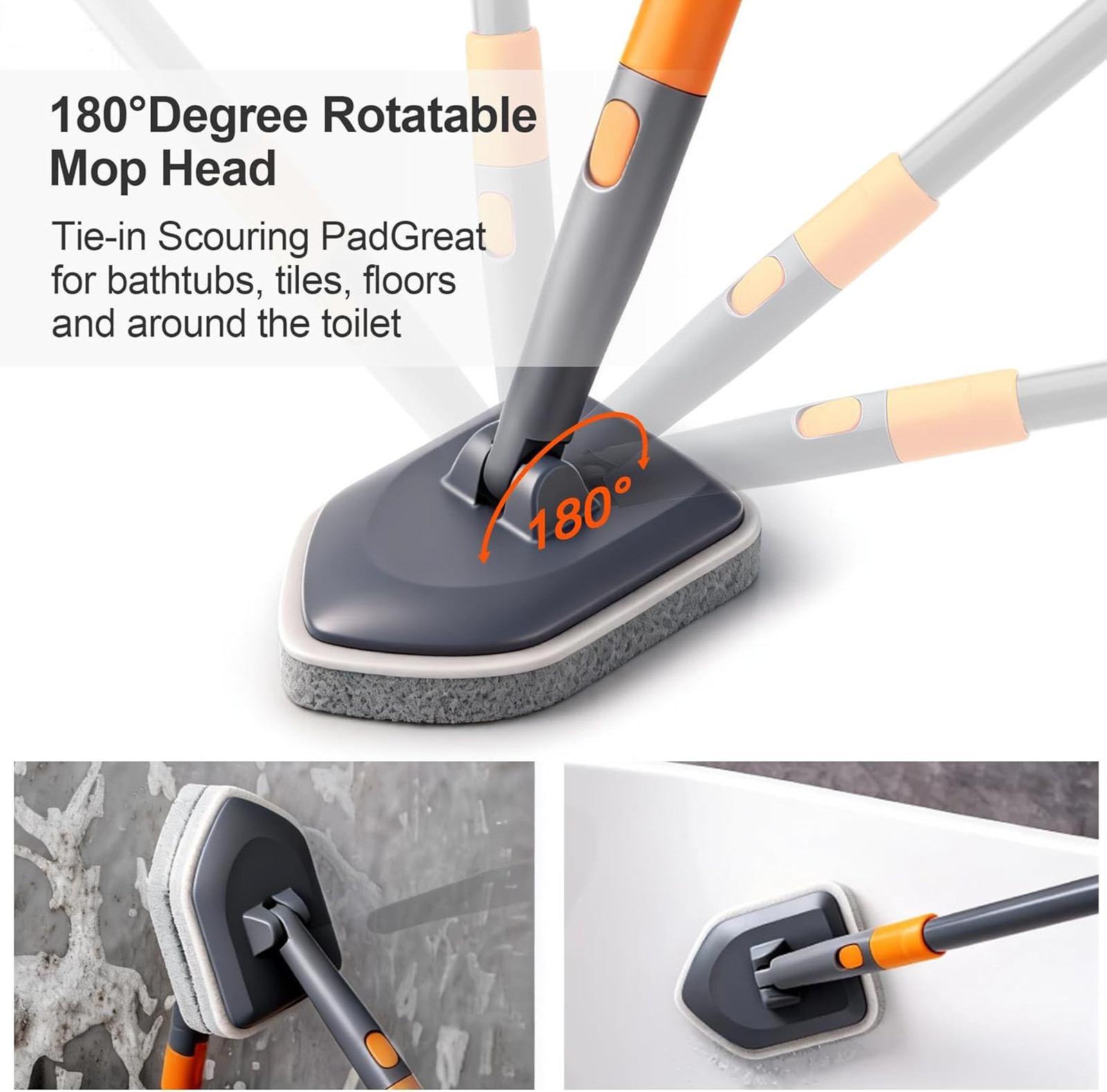 Tile Tub Scrubber Brush with Extendable Handle, 3 Cleaning Heads Bathroom