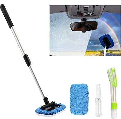 Windshield Cleaner Tool with 2 Reusable Microfiber Cloth, Extendable Long Handle