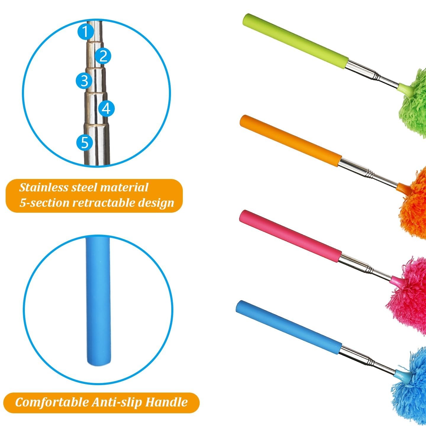 4 Pcs Washable Microfiber Feather Duster, with Extendable Pole and Bendable H…